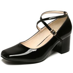 Square Toe Crisscross Strap Block Heel Pumps for Women, Black